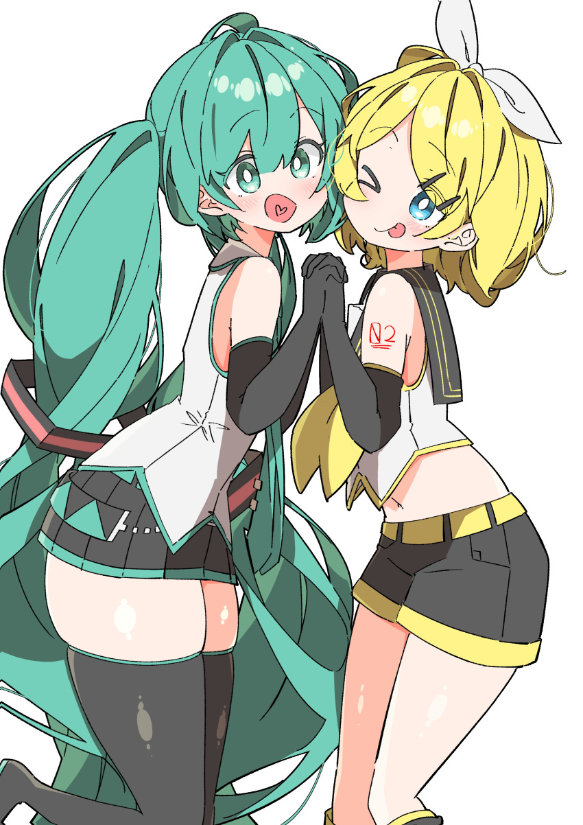 &gt;_o 2girls absurdres aqua_eyes aqua_hair aqua_necktie black_shorts blonde_hair blue_eyes bow center-flap_bangs commentary elbow_gloves feet_out_of_frame from_side gloves hair_bow hatsune_miku highres holding_hands kagamine_rin leg_up long_hair midriff multiple_girls navel neckerchief necktie one_eye_closed open_mouth shiny_skin shorts skindentation thick_thighs thighs tongue tongue_out twintails uruti_2388 very_long_hair vocaloid white_background white_bow yellow_neckerchief