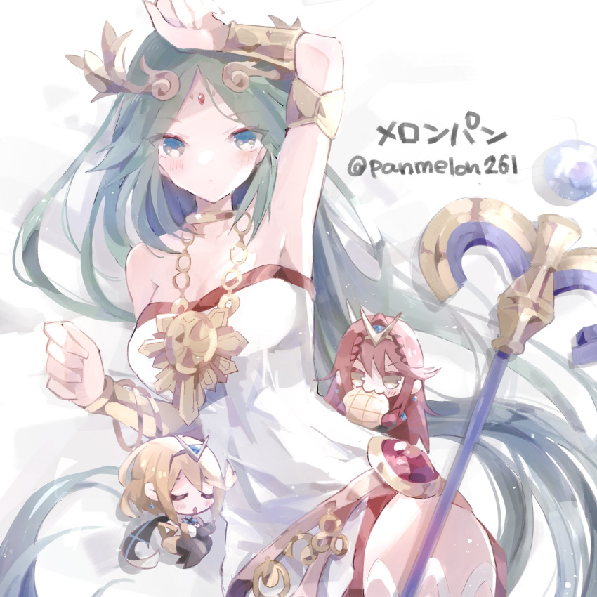 3girls alternate_color ayametoru blonde_hair breasts chain chibi commentary_request diadem dress forehead_jewel gold_chain green_eyes green_hair highres kid_icarus kid_icarus_uprising long_hair looking_at_viewer multiple_girls mythra_(xenoblade) palutena pyra_(xenoblade) red_hair staff strapless strapless_dress super_smash_bros. vambraces very_long_hair xenoblade_chronicles_(series) xenoblade_chronicles_2