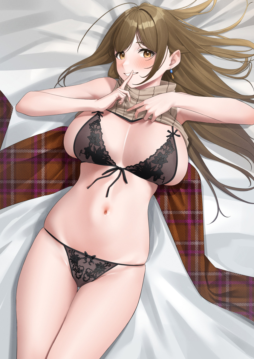 1girl absurdres bed_sheet bikini blush breasts brown_hair brown_scarf brown_sweater clothes_lift commission front-tie_bra groin hair_spread_out highres huge_breasts idolmaster idolmaster_shiny_colors kuwayama_chiyuki looking_at_viewer lying navel on_back plaid plaid_scarf ribbed_sweater scarf shinonome_shake sideboob skeb_commission skindentation sleeveless sleeveless_sweater smile solo stomach string_bikini sweater sweater_lift swimsuit thigh_gap