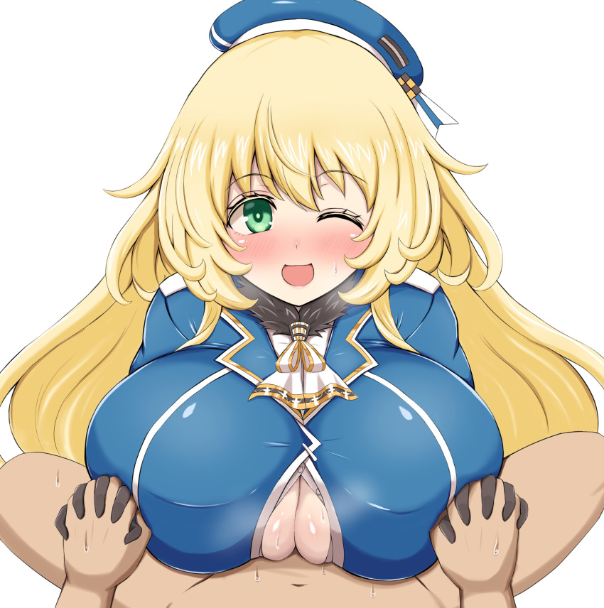 1boy 1girl ascot atago_(kancolle) beret black_gloves blonde_hair blue_headwear blush breasts gloves green_eyes hat highres holding_hands kantai_collection kyu_horn large_breasts long_hair looking_at_viewer military_uniform one_eye_closed open_mouth paizuri paizuri_under_clothes pov solo_focus textless_version uniform