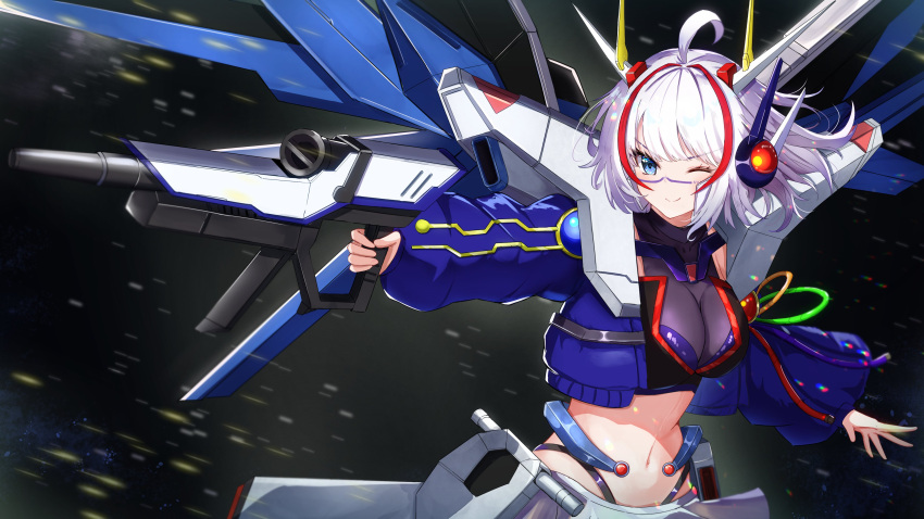 1girl absurdres ahoge blue_eyes blue_jacket breasts cleavage commission cropped_jacket facial_mark gao_kawa gun gundam headgear highres holding holding_gun holding_weapon indie_virtual_youtuber jacket mecha_musume midriff multicolored_hair one_eye_closed onolumi_(vtuber) red_hair second-party_source see-through see-through_cleavage short_hair skeb_commission solo stomach streaked_hair virtual_youtuber weapon white_hair