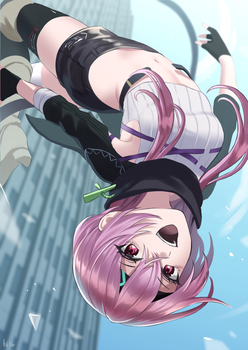 1girl absurdres building crop_top day falling fingerless_gloves gloves headband heaven_burns_red highres long_hair long_sleeves looking_at_viewer matsuoka_chiroru midriff navel nil_(pixiv_53614557) open_mouth outdoors pink_hair red_eyes scarf shirt shorts sky sleeveless sleeveless_shirt smile solo thighhighs