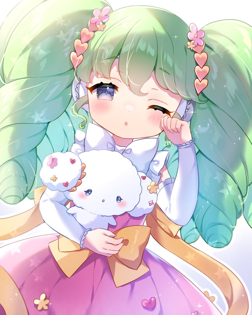 1girl :o aki_(akinyaaaaa) blush bow cogimyun commentary_request crossover detached_sleeves dress falulu flower green_hair grey_eyes hair_flower hair_ornament headphones heart heart_hair_ornament highres holding holding_stuffed_toy long_hair looking_at_viewer one_eye_closed open_mouth pink_dress pretty_series pripara rubbing_eyes sanrio sidelocks simple_background sleepy solo standing stuffed_toy twintails white_background white_bow yellow_bow