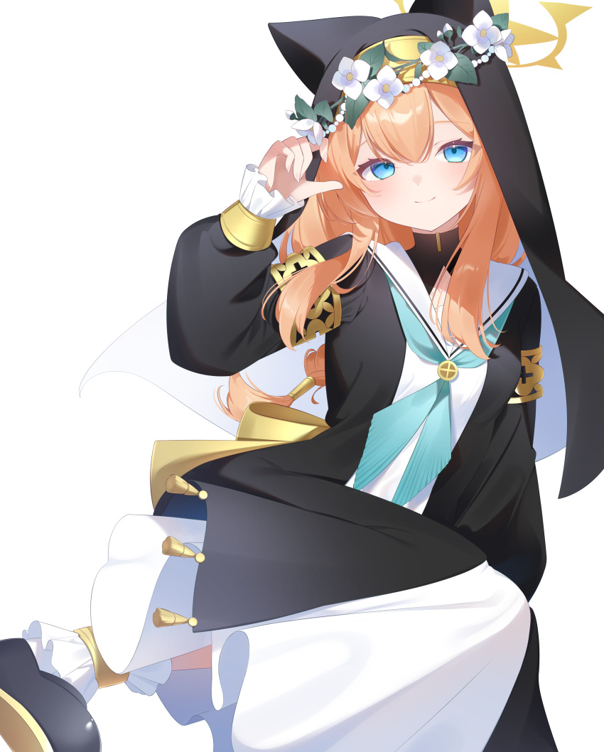 1girl absurdres animal_ear_headwear aoitsuki aqua_neckerchief armlet black_coat black_footwear black_headwear blue_archive blue_eyes braid closed_mouth coat commentary_request dress halo hand_up head_wreath highres long_hair long_sleeves looking_at_viewer mari_(blue_archive) neckerchief nun orange_hair puffy_long_sleeves puffy_sleeves sailor_collar simple_background single_braid single_hair_tube smile turtleneck veil white_background white_dress white_sailor_collar yellow_halo