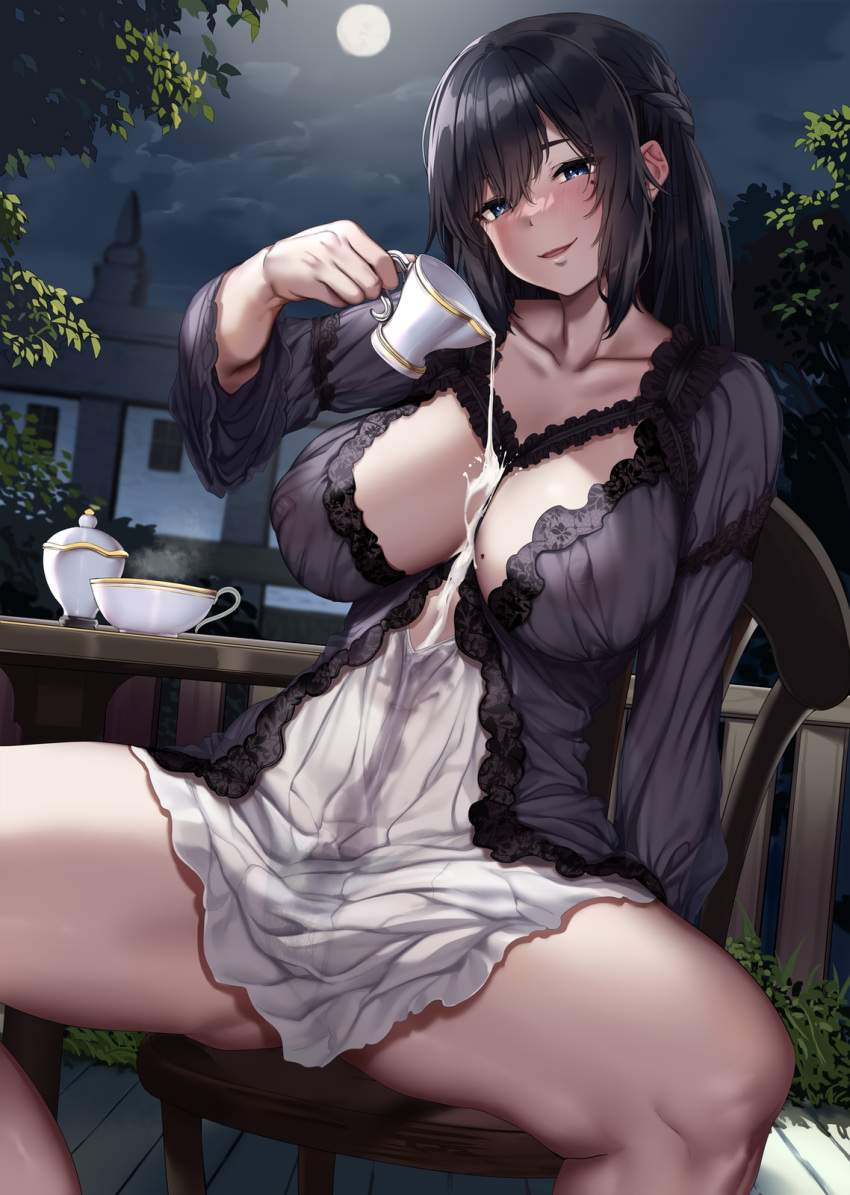 1girl black_hair blue_eyes blush breasts collarbone commentary_request covered_nipples cup full_moon highres holding holding_cup jack_dempa large_breasts long_hair long_sleeves looking_at_viewer miyamae_shiho_(jack_dempa) mole mole_on_breast mole_under_eye moon moonlight night original outdoors parted_lips pouring pouring_onto_self sitting skirt smile solo spread_legs thighs white_skirt