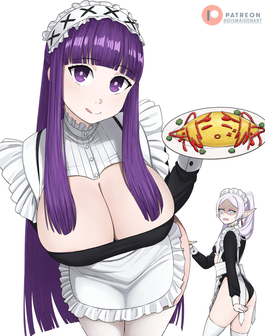 2girls absurdres apron ass black_leotard blunt_bangs bow breasts cleavage cleavage_cutout clothing_cutout collar dangle_earrings dismaiden drop_earrings earrings elf fern_(sousou_no_frieren) food frieren frilled_apron frilled_collar frills highres holding holding_food holding_plate jewelry large_breasts leaning_back leotard long_hair looking_at_another looking_at_viewer maid maid_apron maid_headdress multiple_girls parted_bangs plate pointy_ears ponytail purple_eyes purple_hair purple_pupils simple_background small_breasts sousou_no_frieren straight_hair thighhighs tongue tongue_out twintails waist_apron white_apron white_background white_bow wrist_cuffs
