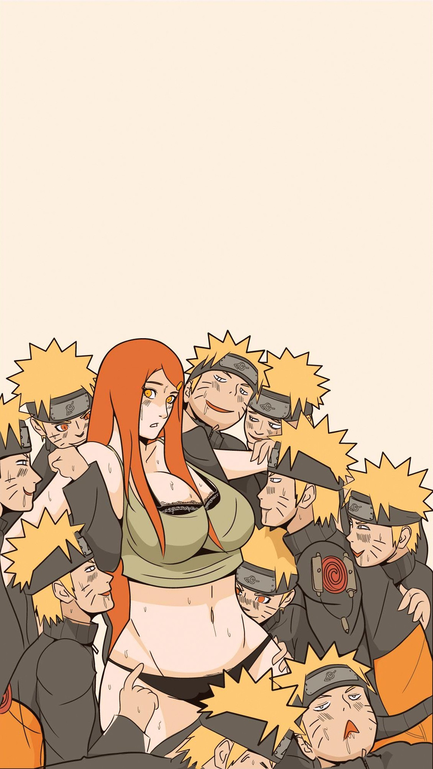 1girl 6+boys :&gt; :&lt; ass ass_grab blonde_hair bra breasts cleavage clone crop_top curvy drooling forehead_protector imminent_rape incest indrockz long_hair mother_and_son multiple_boys multiple_persona naruto naruto_shippuuden naughty_face panties red_eyes red_hair restrained saliva spiked_hair stomach sweat underwear uzumaki_kushina uzumaki_naruto whiskers wide_hips