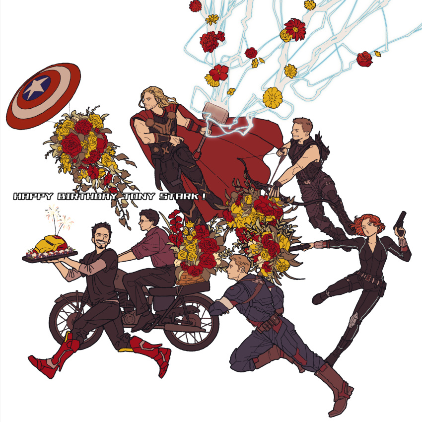 1girl 5boys armor arms_up arrow_(projectile) avengers_(series) bare_shoulders belt black_bodysuit black_footwear black_hair black_pants black_shirt black_widow blonde_hair blue_bodysuit blue_eyes bodysuit boots bouquet bow_(weapon) breasts brown_belt brown_footwear brown_hair brown_pants bruce_banner cake candle cape captain_america clint_barton closed_eyes closed_mouth collarbone collared_shirt english_text facial_hair flower flying food glasses grey_eyes gun hand_up hands_up happy_birthday hawkeye_(marvel) highres holding holding_bow_(weapon) holding_gun holding_tray holding_weapon iron_man layered_sleeves leg_up lightning long_hair long_sleeves looking_to_the_side marvel marvel_cinematic_universe medium_breasts mjolnir_(marvel) mochishio motor_vehicle motorcycle multiple_boys natasha_romanoff on_motorcycle open_mouth pants pocket purple_shirt red_armor red_cape red_flower red_hair red_rose riding rose running shield shirt shoes short_hair short_over_long_sleeves short_sleeves simple_background sitting sleeveless sleeveless_shirt smile star_(symbol) steve_rogers striped superhero t-shirt teeth thor_(marvel) tony_stark tray weapon white_background yellow_flower yellow_rose