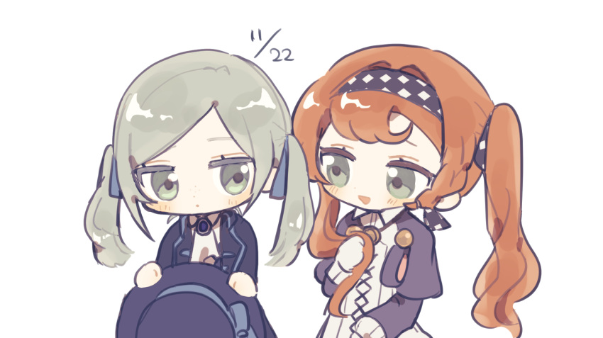 2girls checkered_hairband chibi gloves grey_eyes grey_hair hair_between_eyes hair_ribbon hat holding holding_clothes holding_hat jewelry light_blush long_hair multiple_girls necklace orange_hair purple_headwear reverse:1999 ribbon short_twintails simple_background sonetto_(reverse:1999) top_hat twintails umimiminn vertin_(reverse:1999) white_background white_gloves