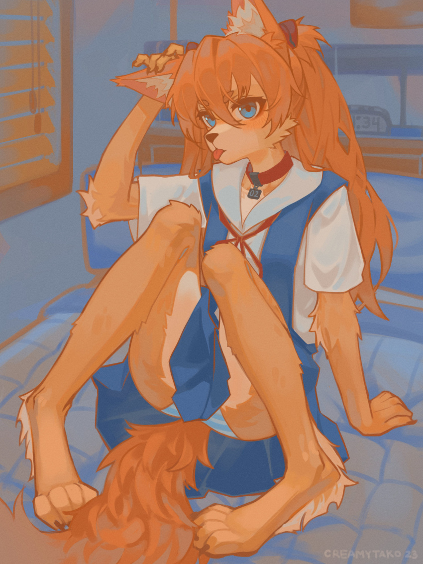 2023 3:4 absurd_res anthro asuka_langley_soryu barefoot bed bedroom blep blue_eyes blush bottomwear breasts canid canine clothed clothing collar creamytako detailed digital_media_(artwork) digital_painting_(artwork) digitigrade english_text eye_contact feet female fur furniture hair hi_res long_hair looking_at_another looking_at_viewer mammal neon_genesis_evangelion on_bed panties paw_pose pose school_uniform shirt signature sitting sitting_on_bed skirt small_breasts solo tail tan_body tan_fur text tied_hair tongue tongue_out topwear underwear uniform window