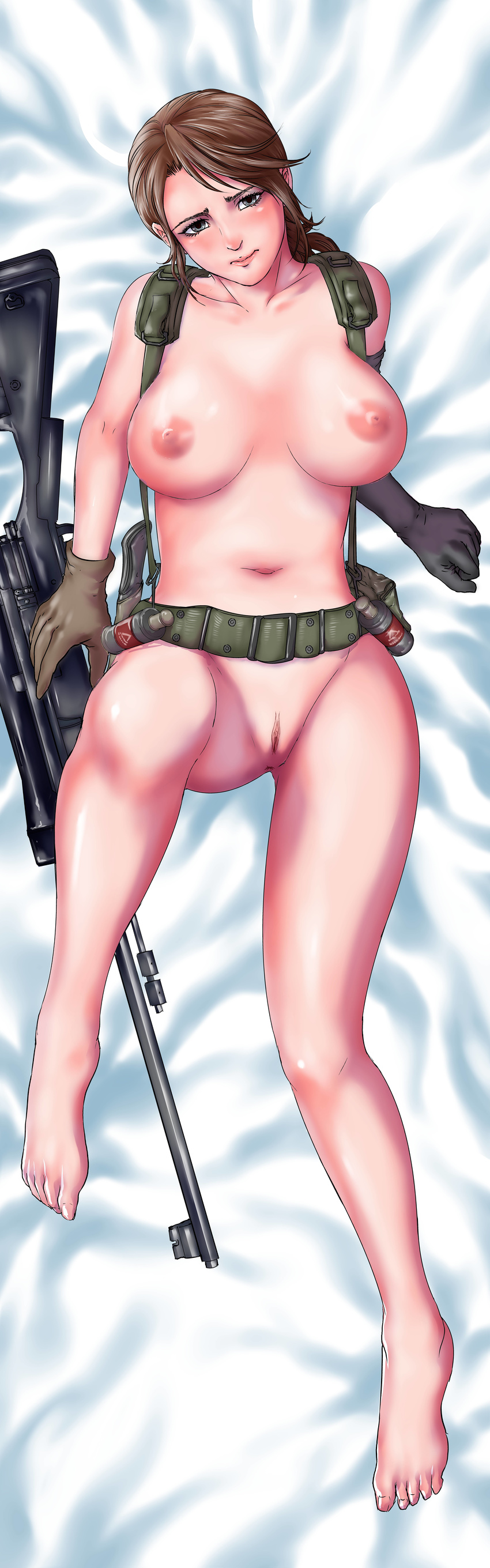 absurdres breasts brown_hair dakimakura feet gun harness highres looking_at_viewer metal_gear_(series) metal_gear_solid_v nipples quiet_(metal_gear) sniper_rifle solo torn_s uncensored utility_belt weapon