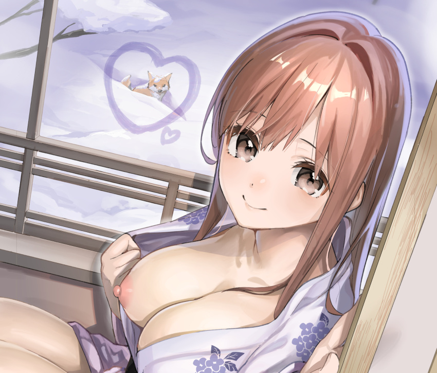 1girl animal breasts brown_eyes brown_hair closed_mouth collarbone doorway ekakibito floral_print fox from_above from_side hair_intakes heart highres indoors japanese_clothes kimono large_breasts long_hair looking_at_viewer nipples one_breast_out open_clothes original sidelocks sitting smile snow solo tareme upper_body white_kimono window yukata