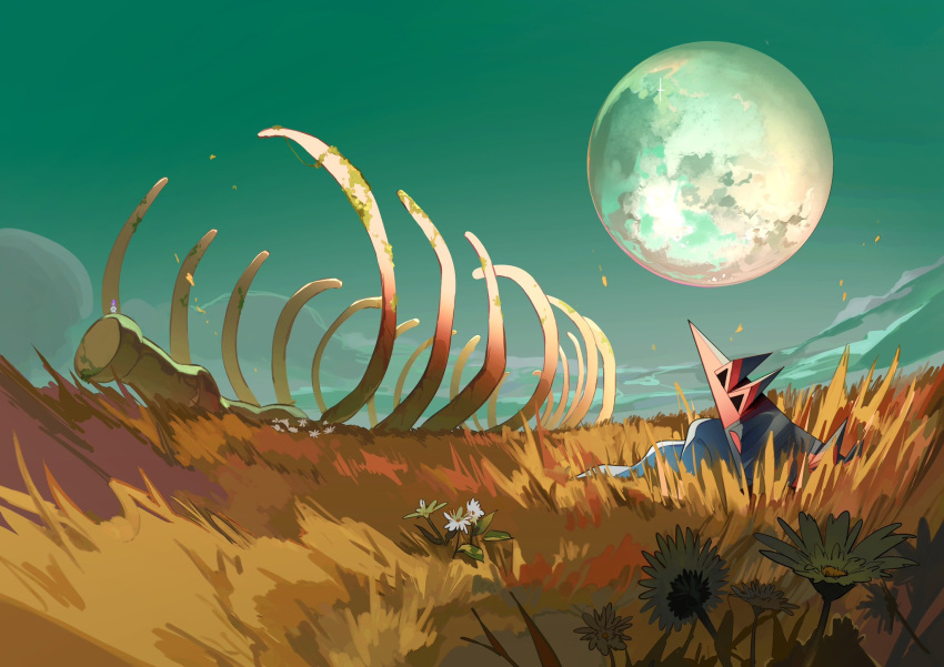 bone closed_eyes commentary dragapult flower grass highres litwick lying moon no_humans on_side outdoors pokemon pokemon_(creature) ribs sky sleeping symbol-only_commentary twilight two_pokemon