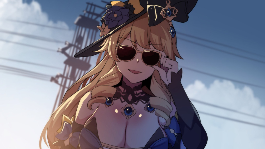 1girl :d adjusting_eyewear bare_shoulders black_headwear blonde_hair blue_sky breasts cleavage cloud cyberpunk_(series) cyberpunk_2077 english_commentary facing_viewer genshin_impact hand_up highres hinghoi large_breasts navia_(genshin_impact) open_mouth outdoors parody revision sky smile solo sunglasses upper_body