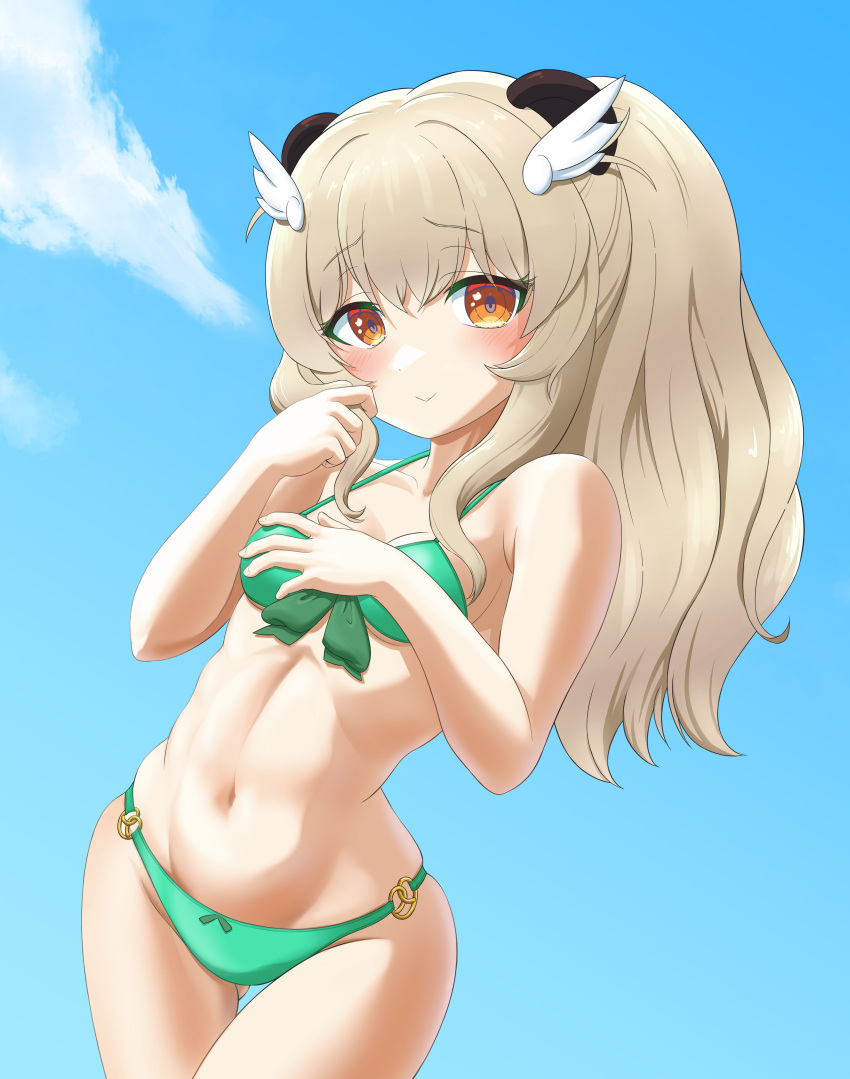 absurdres amatsuna_sasaha animal_ears bikini blush breasts briareos brown_eyes brown_hair check_commentary cleavage closed_mouth cloud collarbone commentary_request hair_between_eyes hair_ornament highres indie_virtual_youtuber long_hair looking_at_viewer navel sky small_breasts smile solo swimsuit virtual_youtuber winged_hair_ornament