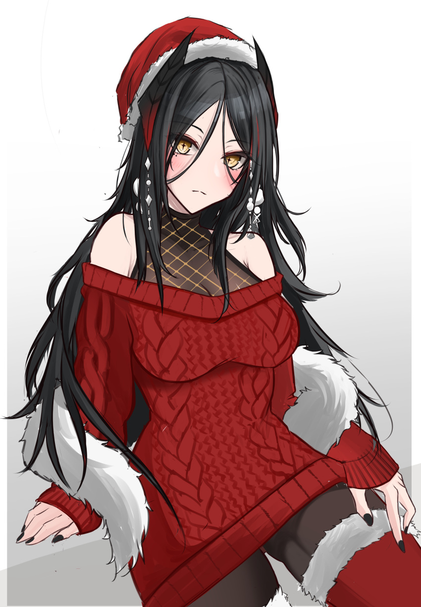 +_+ 1girl absurdres antennae arknights bare_shoulders black_hair demon_girl demon_horns feather_boa hair_ornament hat highres horns ines_(arknights) long_hair looking_at_viewer myb52 nail_polish off-shoulder_sweater off_shoulder red_sweater santa_hat sweater yellow_eyes