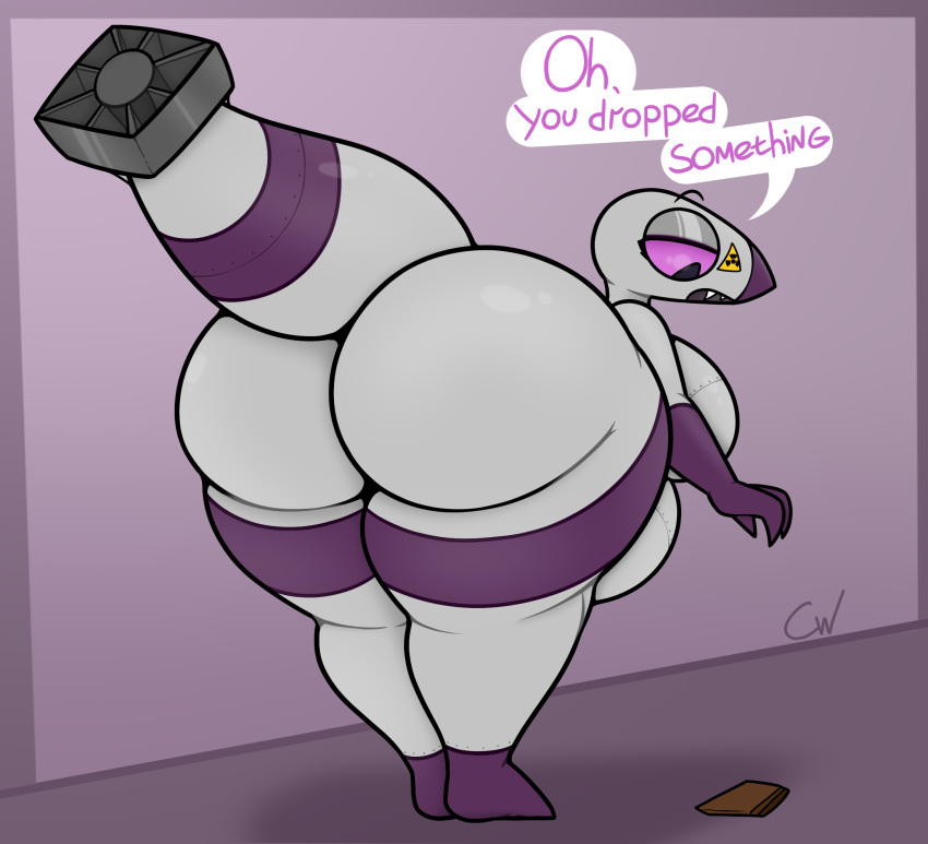 animate_inanimate annie_(pollymaker) anthro bent_over big_butt bomb butt dialogue explosives female hi_res multicolored_body nuclear_bomb nukite overweight overweight_anthro overweight_female presenting presenting_hindquarters purple_eyes radiation_symbol solo symbol tail thick_thighs wrongcable