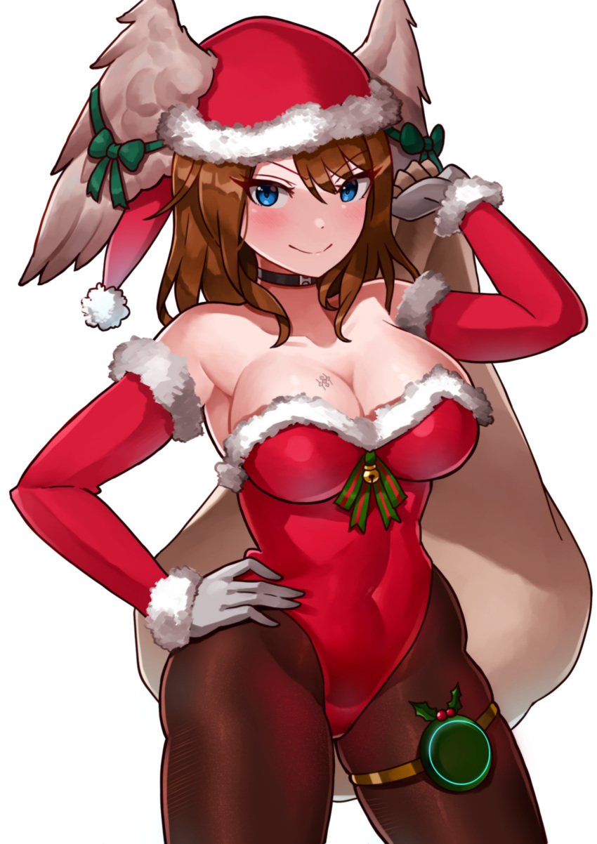 1girl absurdres alternate_costume ass bare_shoulders black-framed_eyewear black_choker black_gloves blue_eyes breast_tattoo breasts brown_hair choker christmas cleavage closed_mouth collarbone elbow_gloves eunie_(xenoblade) fur-trimmed_gloves fur-trimmed_leotard fur_trim glasses gloves hand_on_own_hip hat head_wings highres leotard medium_breasts oniisan02b pantyhose red_gloves red_headwear red_leotard santa_costume santa_gloves santa_hat smile solo strapless strapless_leotard tattoo thigh_strap white_background white_gloves white_wings wings xenoblade_chronicles_(series) xenoblade_chronicles_3