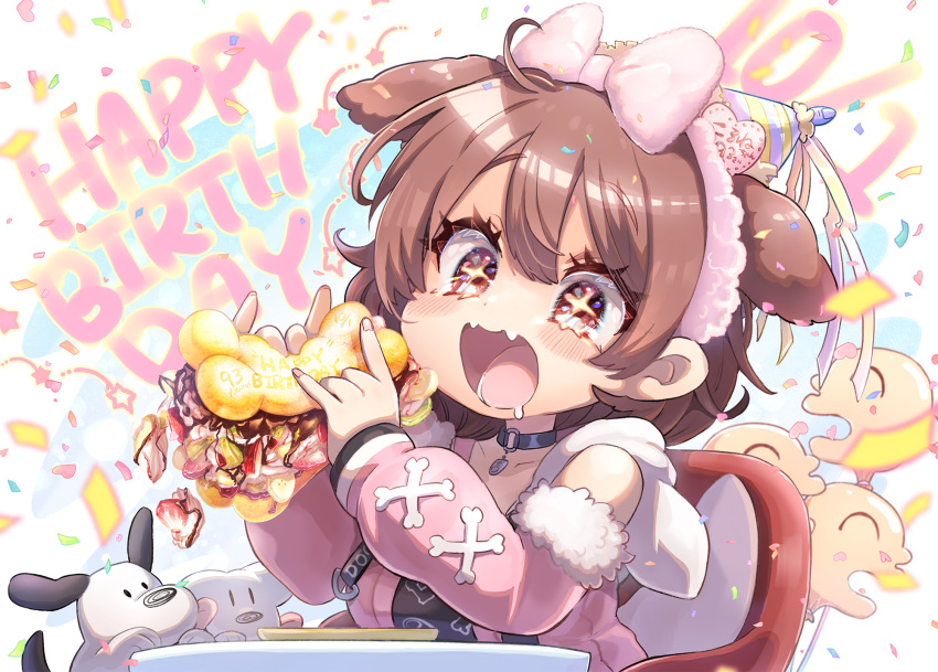 1girl animal_ears black_choker blush bow brown_eyes brown_hair choker collarbone confetti dog dog_ears eating eyelashes fangs food futo-inu happy_birthday hat highres holding holding_food holding_sandwich hololive hoso-inu inugami_korone jacket kamiya_zuzu listener_(inugami_korone) open_mouth party_hat pink_bow pink_jacket plate sandwich sitting skin_fangs table virtual_youtuber