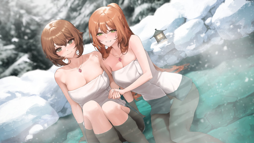 2girls blush breasts choker collarbone commission crossover girls'_frontline green_eyes grin hair_between_eyes heart_lock_(kantai_collection) highres jewelry kantai_collection large_breasts light_brown_hair long_hair looking_at_viewer multiple_girls mutsu_(kancolle) naked_towel necklace onsen ponytail ring second-party_source short_hair smile snow sowb springfield_(girls'_frontline) towel wedding_ring