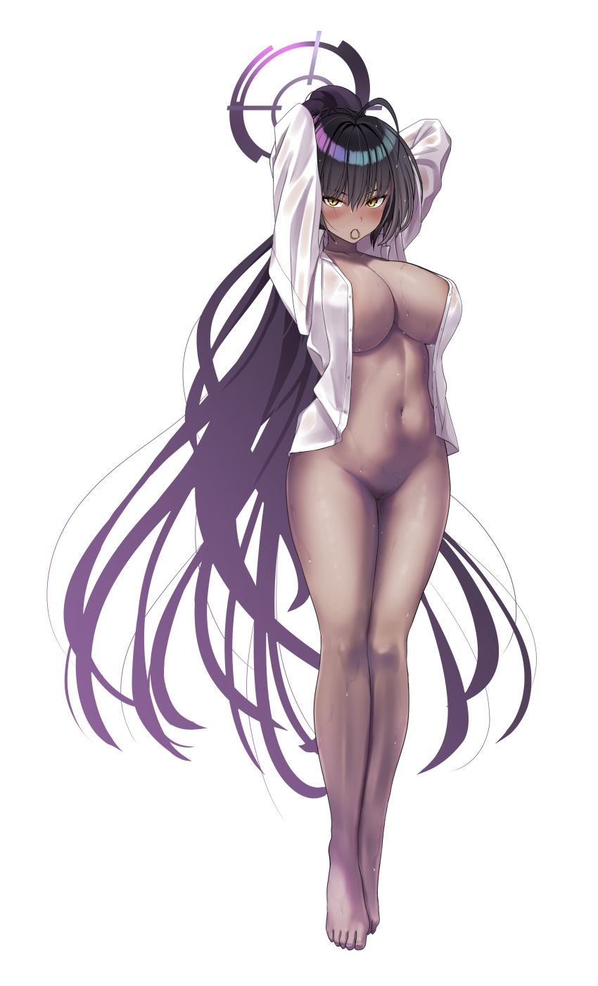 1girl absurdres ahoge arms_behind_head arms_up barefoot black_hair black_halo blue_archive blush bottomless breasts cleavage closed_mouth collarbone collared_shirt commentary dark-skinned_female dark_skin full_body gradient_hair groin hair_between_eyes hair_tie_in_mouth halo high_ponytail highres karin_(blue_archive) large_breasts legs_together long_hair long_sleeves looking_at_viewer mouth_hold multicolored_hair naked_shirt navel no_bra open_clothes open_shirt p_ion ponytail purple_hair purple_halo pussy see-through shirt simple_background solo standing stomach two-tone_hair tying_hair v-shaped_eyebrows very_long_hair wet wet_clothes wet_hair wet_shirt white_background white_shirt yellow_eyes