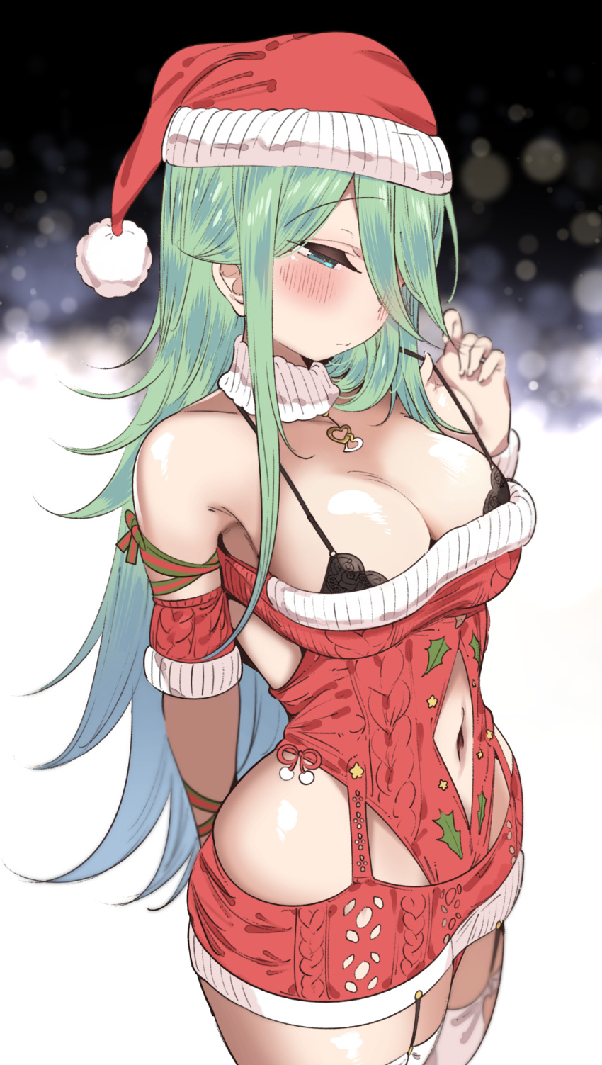 1girl arm_behind_back averting_eyes black_bra bra breasts christmas_sweater cleavage clothing_cutout commentary_request detached_collar detached_sleeves embarrassed fur-trimmed_headwear fur_trim garter_straps green_eyes green_hair hair_over_one_eye hat heart_pendant highres hip_vent kantai_collection large_breasts long_hair narrowed_eyes navel navel_cutout pom_pom_(clothes) red_headwear red_sweater santa_hat simple_background solo strap_lift suzuki_toto sweater thighhighs underwear white_thighhighs yamakaze_(kancolle)