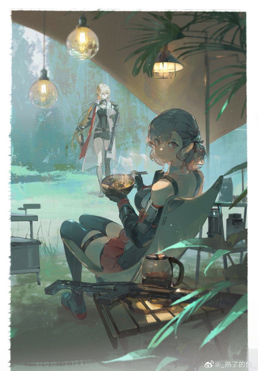 2girls absurdres assault_rifle blonde_hair bowl breasts bullpup chair chopsticks eating electric_kettle food girls'_frontline girls'_frontline_2:_exilium grey_hair gun highres holding holding_bowl holding_chopsticks holding_food kettle light_bulb long_hair looking_at_viewer medium_hair multiple_girls noodles orange_eyes ots-14_(girls'_frontline) ots-14_groza pump_action rain red_eyes rifle shotgun shule_de_yu sitting spas-12 spas-12_(girls'_frontline) vegetation weapon weibo_username