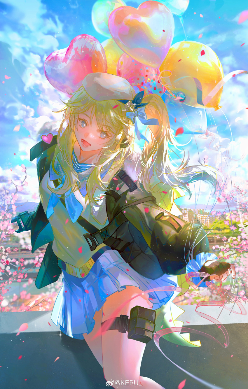 1girl absurdres balloon black_jacket blonde_hair blue_bow blue_skirt bow cherry_blossoms cityscape cloud cloudy_sky girls'_frontline girls'_frontline_2:_exilium hair_bow heart_balloon highres jacket keru_(artist) long_hair one_side_up open_clothes open_jacket pouch sidelocks skirt sky solo vepley_(girls'_frontline_2) weibo_username white_headwear