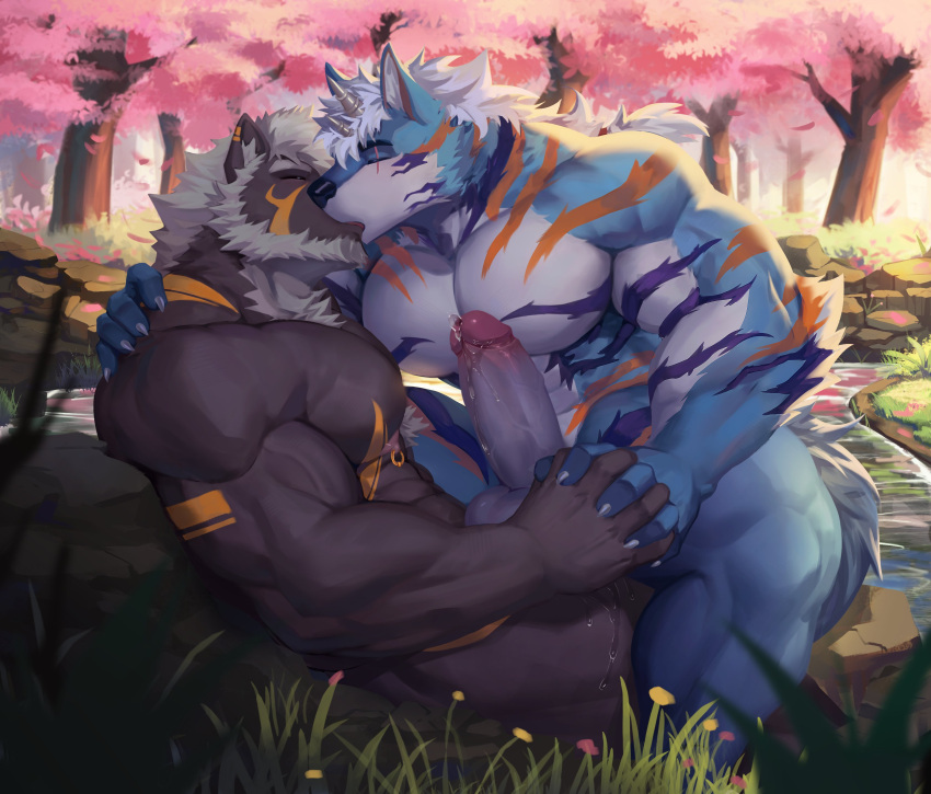 abs absurd_res anthro balls biceps big_muscles big_penis black_nose blue_body blue_fur bodily_fluids brown_body brown_fur bulge cherry_blossom cherry_blossom_tree cherry_tree claws dripping duo erection eye_scar eyes_closed facial_scar fingers forest fruit_tree fur genital_fluids genitals glans gold_markings hair hand_holding hi_res horn jewelry kissing kult2k leaking_precum looking_at_another male markings muscular muscular_anthro muscular_male muscular_thighs navel nipple_piercing nipples on_ground open_mouth orange_markings outside pecs penis piercing pink_glans pink_nipples pink_nose plant precum precum_drip precum_on_leg purple_markings ring_piercing scar tail teeth thick_penis touching_noses tree triceps tuft white_balls white_body white_claws white_fur white_hair white_horn white_penis