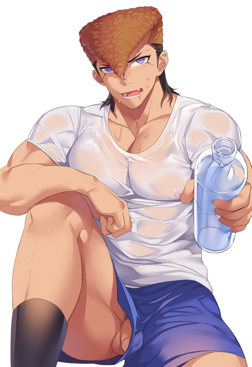 1boy absurdres alternate_costume bara black_hair blue_shorts blush bottle brown_hair collarbone covered_nipples danganronpa:_trigger_happy_havoc danganronpa_(series) fang flaccid grey_background hair_between_eyes highres holding holding_bottle incoming_drink knee_up large_pectorals lower_teeth_only male_focus multicolored_hair muscular muscular_male no_male_underwear open_mouth owada_mondo p3ta_(yio) pectoral_cleavage pectorals penis penis_peek penis_slip pompadour see-through shirt shorts simple_background sitting socks solo sweat teeth testicles uncensored water wet wet_clothes wet_shirt white_shirt