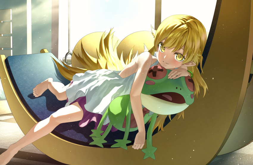 1girl bakemonogatari bare_legs bare_shoulders barefoot blonde_hair blush closed_mouth dress eyelashes feet full_body hand_up highres hugging_object indoors legs long_hair looking_at_viewer lying monogatari_(series) on_chair on_side oshino_shinobu pointy_ears purple_dress sidelocks sleeveless sleeveless_dress smile solo stuffed_animal stuffed_toy subbaru toes two-tone_dress very_long_hair white_dress yellow_eyes