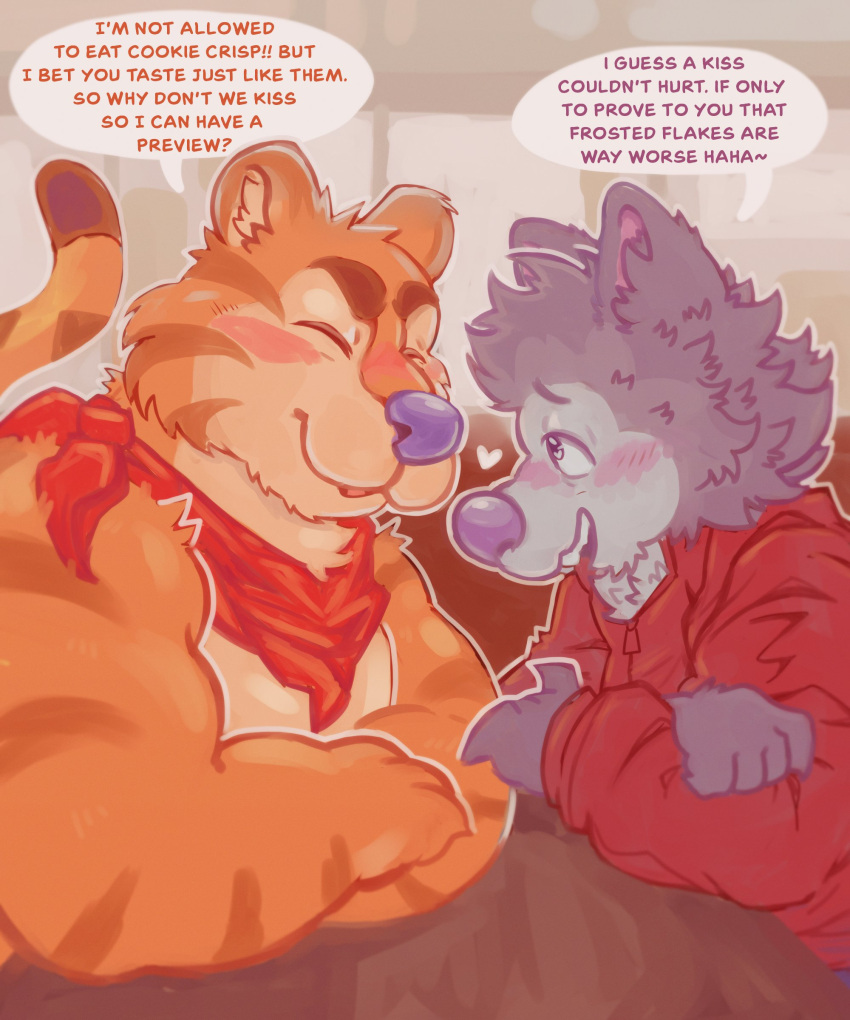 &lt;3 2023 absurd_res anthro anthro_on_anthro bell_punch blush canid canine canis chip_the_wolf claws clothed clothing cookie_crisp dialogue duo english_text eyebrows eyes_closed felid flirting flustered frosted_flakes fur furniture grey_background hi_res hoodie inside kellogg's male male/male mammal mascot muscular muscular_anthro muscular_male neckerchief open_mouth open_smile pantherine simple_background sitting smile table teeth text tiger tony_the_tiger topless topless_anthro topless_male topwear tuft wolf