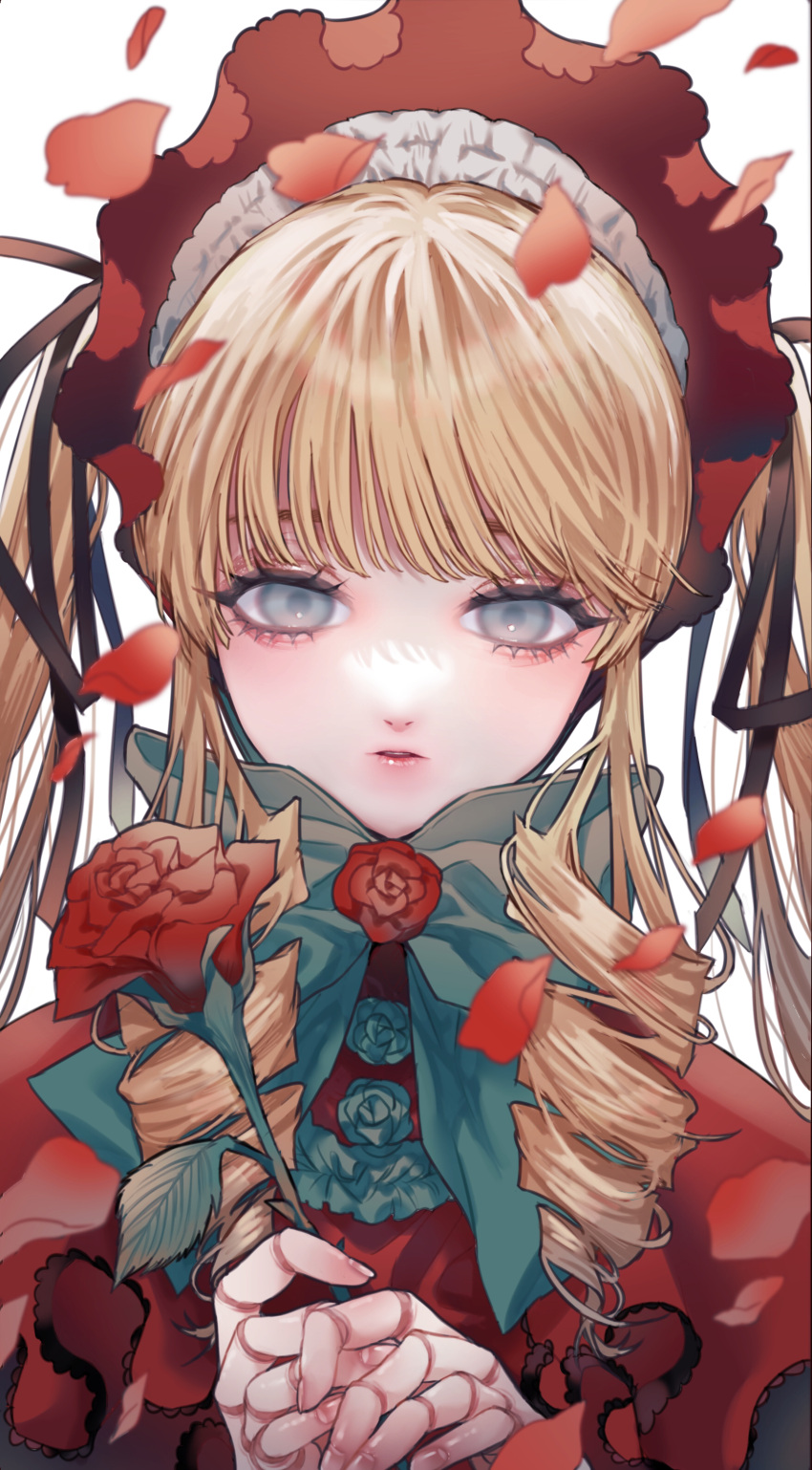 1girl absurdres aqua_bow aqua_bowtie aqua_eyes aqua_rose black_ribbon blonde_hair bonnet bow bowtie capelet dai2kakuu doll_joints drill_hair eyelashes falling_petals flower hair_ribbon highres holding holding_flower joints lolita_fashion long_hair looking_at_viewer open_mouth petals red_capelet red_flower red_headwear red_rose ribbon rose rozen_maiden shinku simple_background solo straight-on teeth twintails upper_body upper_teeth_only white_background