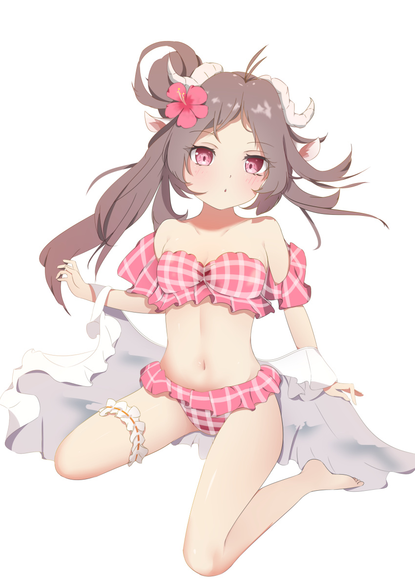 1girl :o absurdres animal_ears antenna_hair arknights bikini blush breasts brown_hair eyjafjalla_(arknights) eyjafjalla_(summer_flower)_(arknights) flower hair_flower hair_ornament hair_rings highres horns long_hair looking_at_viewer navel off-shoulder_bikini off_shoulder official_alternate_costume pink_bikini pink_eyes pink_flower plaid plaid_bikini q.y._(fdtyh) sheep_ears sheep_girl sheep_horns simple_background sitting small_breasts solo stomach swimsuit wariza white_background