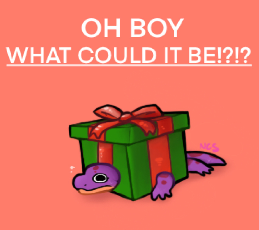 2023 christmas christmas_gift english_text exclamation_point female feral gift hi_res holidays keeshee ncs purple_body question_mark reptile scalie simple_background snake solo spots tail text