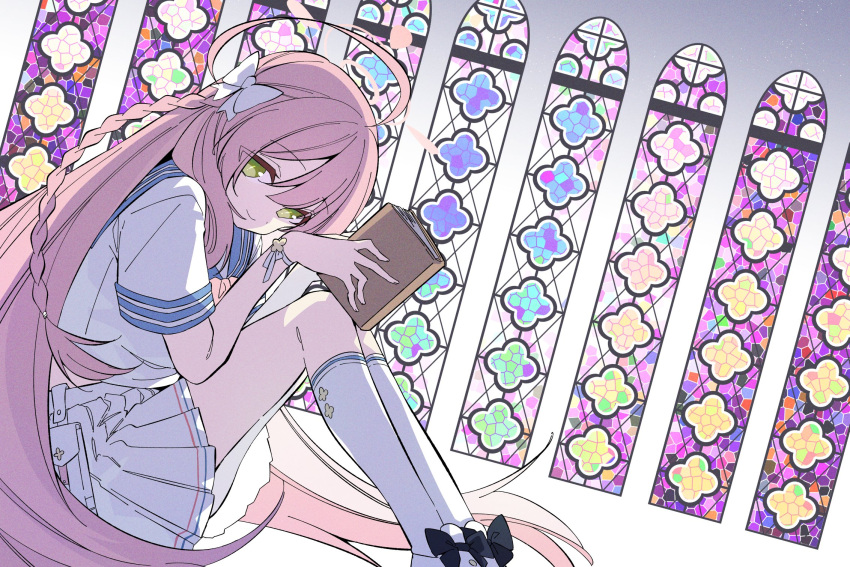 1girl ahoge blue_archive book braid church closed_mouth halo highres holding holding_book kneehighs knees_up long_hair looking_at_viewer nogiwa_kaede pink_hair pink_halo pleated_skirt shirt shoes short_sleeves sitting skirt smile socks solo stained_glass white_footwear white_shirt white_skirt white_socks window yellow_eyes