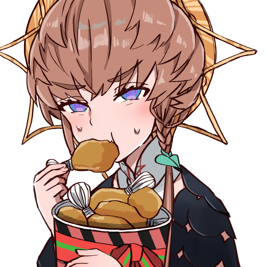 1girl absurdres black_sleeves blue_eyes blush braid brown_hair bucket_of_chicken chicken_(food) chicken_leg crown_braid fate/grand_order fate_(series) food food_in_mouth hat highres holding holding_food looking_at_viewer orange_headwear puffy_sleeves shimogamo_(shimomo_12) side_braid simple_background solo striped striped_headwear sweatdrop upper_body van_gogh_(fate) white_background