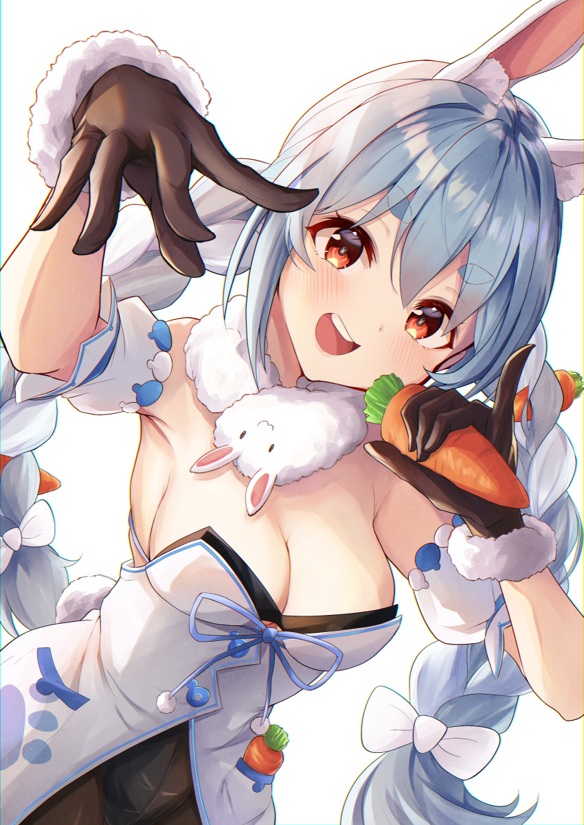 1girl absurdres alternate_breast_size animal_ear_fluff animal_ears black_gloves black_leotard black_pantyhose blue_hair breasts carrot cleavage coat coat_dress detached_sleeves dress fur-trimmed_coat fur-trimmed_gloves fur_scarf fur_trim gloves highres holding holding_carrot hololive kairono3jou leotard leotard_under_clothes long_hair looking_at_viewer medium_breasts multicolored_hair open_mouth pantyhose playboy_bunny puffy_detached_sleeves puffy_short_sleeves puffy_sleeves rabbit-shaped_pupils rabbit_ears rabbit_girl rabbit_tail rapping red_eyes scarf short_sleeves solo strapless strapless_dress strapless_leotard symbol-shaped_pupils tail teeth thick_eyebrows twintails two-tone_hair upper_teeth_only usada_pekora usada_pekora_(1st_costume) virtual_youtuber white_hair white_scarf white_sleeves