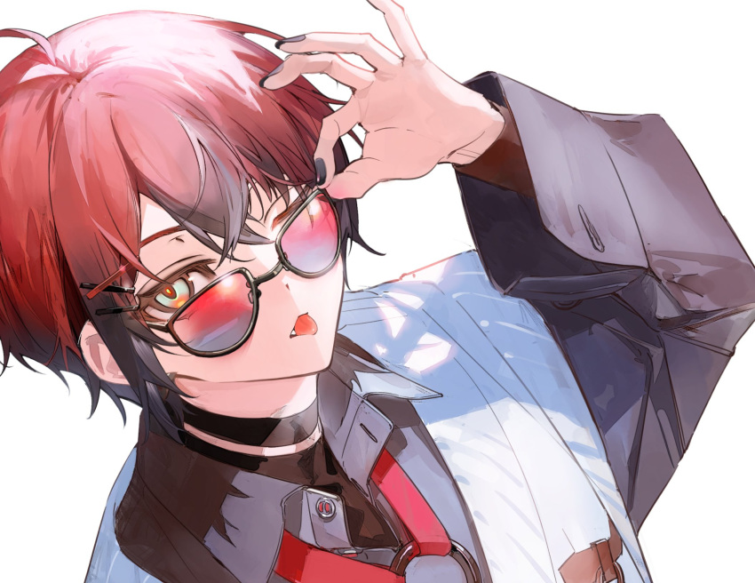 1boy adjusting_eyewear ahoge bishounen black_choker black_hair black_nails choker close-up collared_shirt commentary fang hair_between_eyes hair_ornament hairpin hand_up highres holostars holostars_english looking_at_viewer machina_x_flayon machina_x_flayon_(2nd_costume) male_focus multicolored_hair one_eye_closed red_hair shirt shokuen_(oxstl) short_hair solo sunglasses symbol-only_commentary tongue tongue_out two-tone_hair upper_body virtual_youtuber white_background yellow_eyes