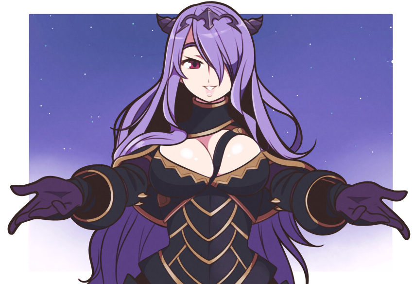 1girl absurdres armor breasts camilla_(fire_emblem) cleavage fire_emblem fire_emblem_fates gloves hair_over_one_eye highres imminent_hug jeff_miga large_breasts lips long_hair looking_at_viewer open_hand open_mouth outstretched_arms purple_eyes purple_hair reaching reaching_towards_viewer smile solo spread_arms tiara very_long_hair wavy_hair