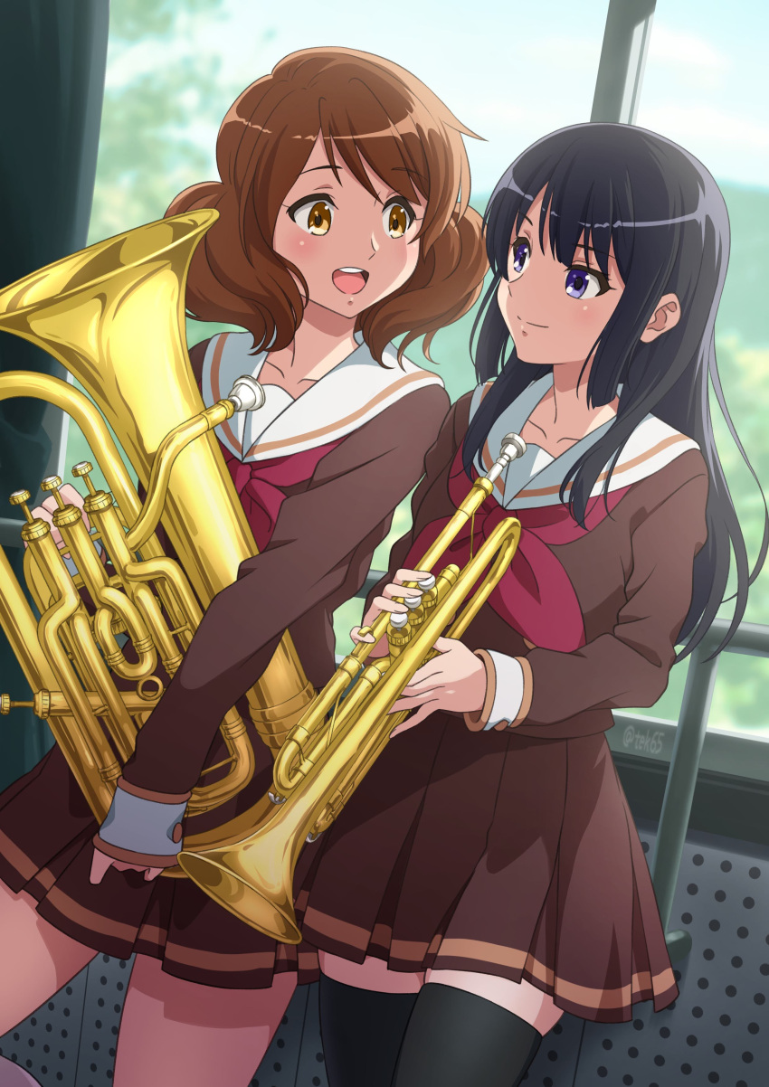 absurdres artist_name black_hair black_thighhighs blouse blue_eyes brown_eyes brown_hair brown_shirt brown_skirt closed_mouth day euphonium girugiru_(tektonics6588) hibike!_euphonium highres holding holding_instrument indoors instrument kitauji_high_school_uniform kousaka_reina long_hair long_sleeves looking_at_another miniskirt neckerchief open_mouth oumae_kumiko pleated_skirt red_neckerchief sailor_collar school_uniform shirt short_hair side-by-side signature skirt smile standing straight_hair thighhighs trumpet white_sailor_collar window