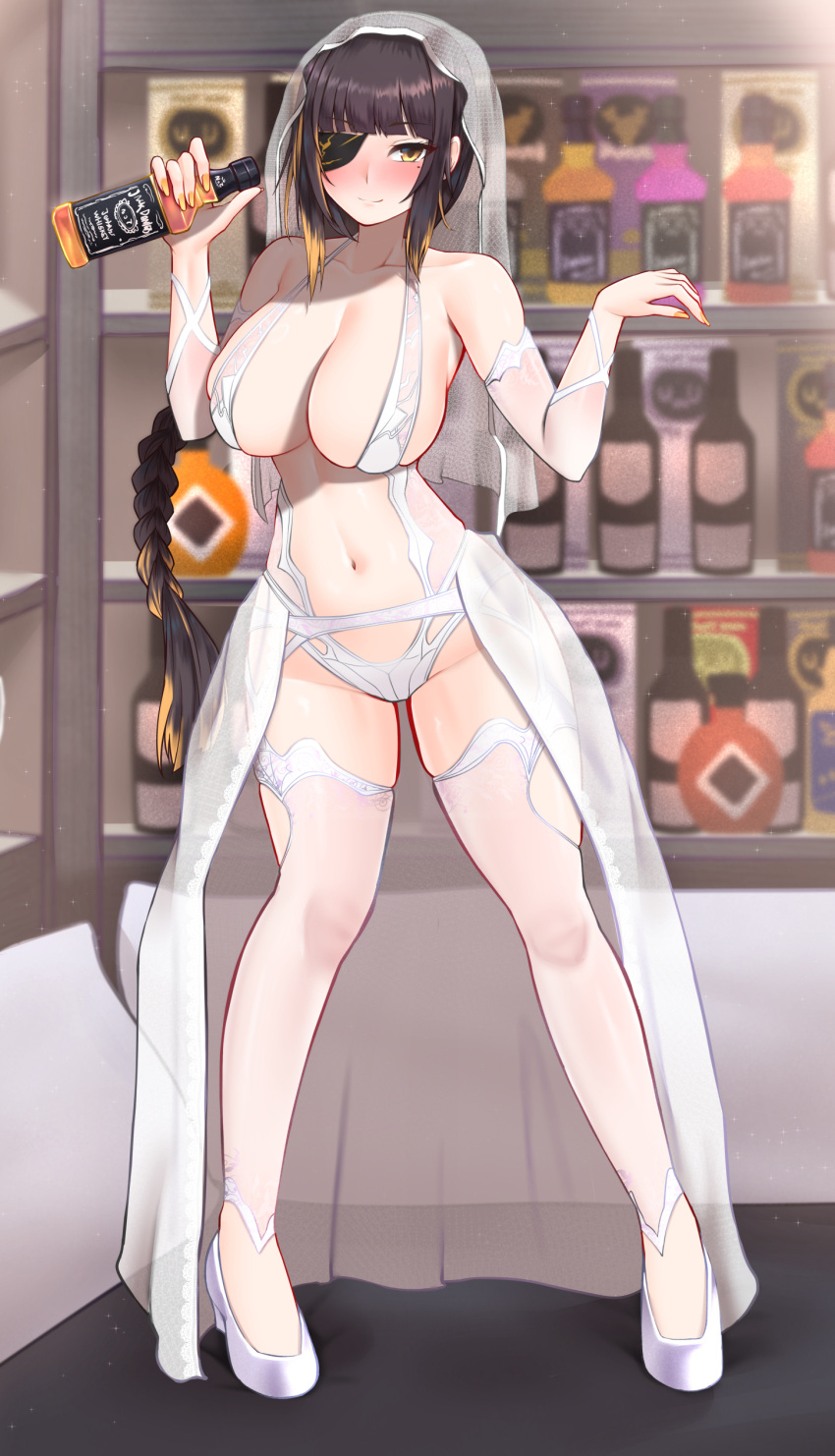 1girl absurdres alcohol alternate_costume bare_shoulders black_hair blonde_hair blunt_bangs blush bottle braid braided_ponytail breasts bridal_veil cleavage collarbone eyepatch full_body girls'_frontline hands_up highres holding holding_bottle jack_daniel's large_breasts long_hair looking_at_viewer m16a1_(girls'_frontline) mole mole_under_eye mole_under_mouth navel one_eye_covered popoman see-through solo standing thighhighs thighs veil white_footwear white_headwear white_thighhighs yellow_eyes