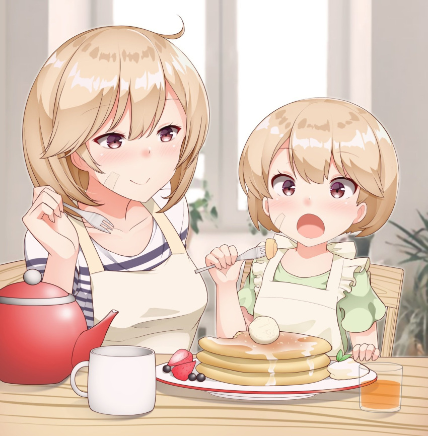 2girls aged_up ahoge apron bandaid bandaid_on_face brown_eyes cup food fork frilled_apron frills highres if_they_mated kantai_collection kirigakure_(kirigakure_tantei_jimusho) light_brown_hair mother_and_daughter mug multiple_girls oboro_(kancolle) open_mouth pancake short_hair smile teapot upper_body white_apron