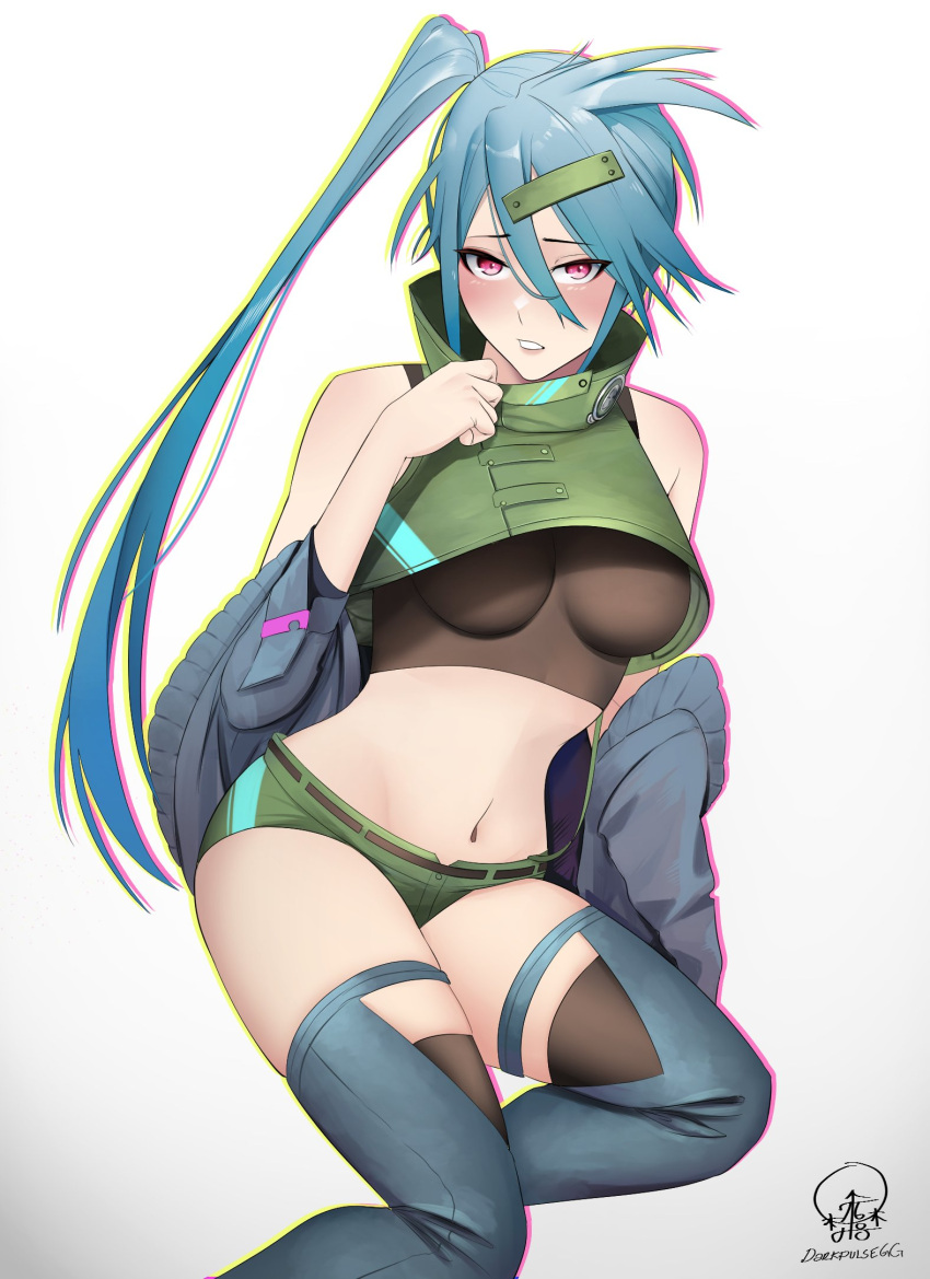 1girl artist_name ash-12.7_(girls'_frontline) asymmetrical_hair bare_shoulders blue_hair blush breasts cowboy_shot darkpulsegg detached_leggings girls'_frontline green_shorts hair_between_eyes hair_ornament high_collar highres jacket looking_at_viewer medium_breasts navel off_shoulder open_clothes open_jacket parted_lips red_eyes short_hair_with_long_locks shorts solo white_background