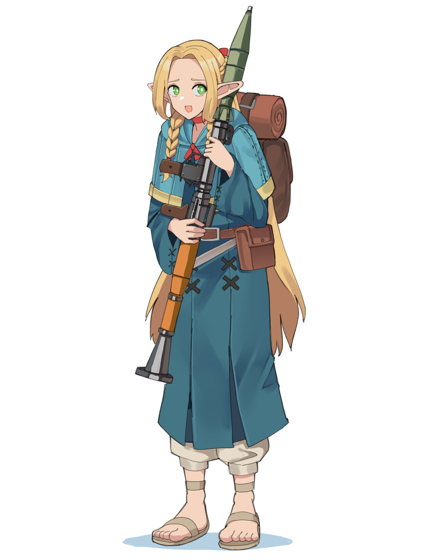 1girl absurdres backpack bag blonde_hair blue_dress braid brown_bag dress dungeon_meshi gar32 green_eyes highres holding holding_weapon long_hair marcille_donato nervous pointy_ears rocket_launcher rpg-7 rpg_(weapon) single_braid solo toeless_footwear toes weapon white_background