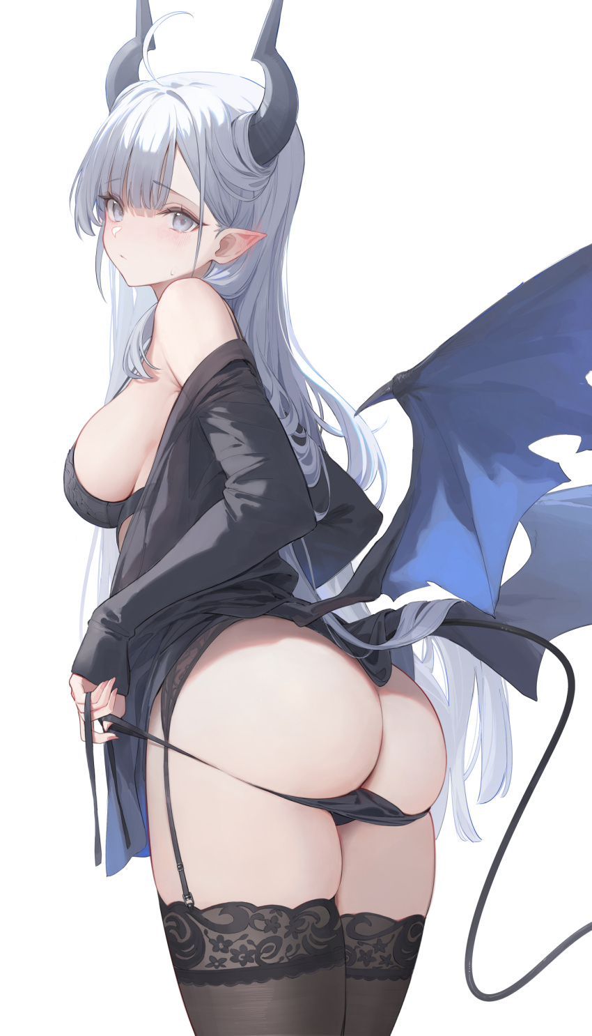 absurdres ahoge ass black_horns black_panties bra breasts demon_girl demon_horns demon_tail demon_wings from_behind garter_straps hair_on_horn highres horns jacket large_breasts looking_back low_wings nekojira off_shoulder original panties panty_pull pointy_ears sideboob simple_background string_panties tail thea_(nekojira) thighhighs underwear undressing white_hair wings