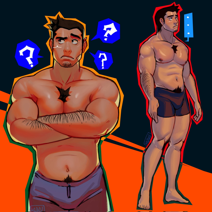 ... 1boy ? abs ace_attorney bandaid bandaid_on_face bara black_hair body_fur boxers bulge confused crossed_arms dick_gumshoe facial_hair highres kukustar_(kukuu) large_pectorals male_focus male_underwear mature_male medium_sideburns multiple_views muscular muscular_male navel nipples pectorals sanpaku short_hair sideburns_stubble stomach stubble thick_arm_hair thick_chest_hair thick_navel_hair topless_male underwear