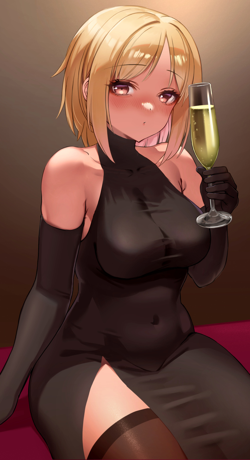 1girl absurdres black_dress black_gloves black_thighhighs blonde_hair blush breasts brown_eyes closed_mouth collarbone covered_collarbone covered_navel cup dress elbow_gloves girls'_frontline gloves highres holding holding_cup impossible_clothes large_breasts long_hair looking_at_viewer mp40_(girls'_frontline) navel sitting sleeveless sleeveless_dress solo thighhighs toryu_fufu turtleneck_dress