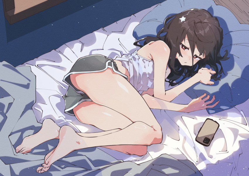 1girl bare_legs barefoot bed blush borrowed_character breasts brown_eyes brown_hair cellphone closed_mouth commission cup feet grey_shorts highres long_hair looking_at_viewer lying messy_hair on_bed on_side original phone pillow red_hair short_shorts shorts skeb_commission small_breasts smartphone solo star_(symbol) tank_top toes ushiki_yoshitaka waking_up white_tank_top