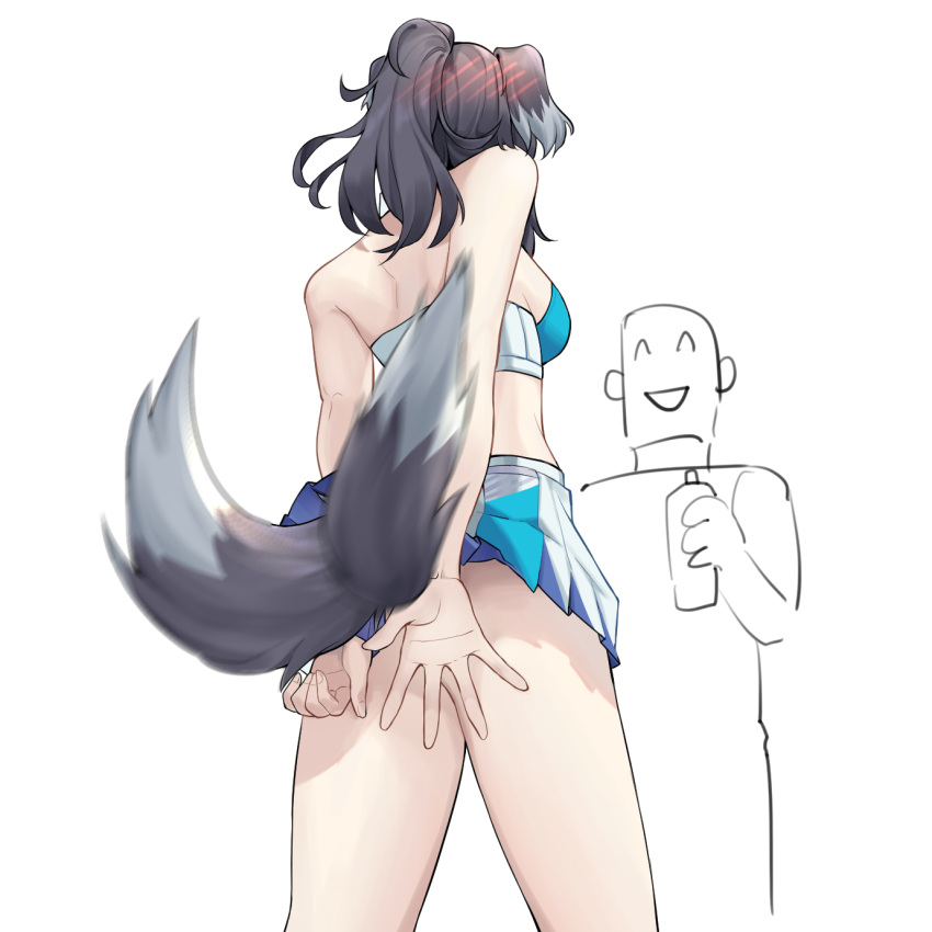 1girl 1other ^_^ animal_ears back black_hair blue_archive blue_skirt blush breasts closed_eyes covering_ass covering_privates crop_top dog_ears dog_tail feet_out_of_frame from_behind hibiki_(blue_archive) hibiki_(cheer_squad)_(blue_archive) highres looking_at_another medium_breasts medium_hair miniskirt pleated_skirt police_riot_(artist) ponytail simple_background skirt smile solo_focus tail tail_wagging two-tone_skirt white_background white_skirt